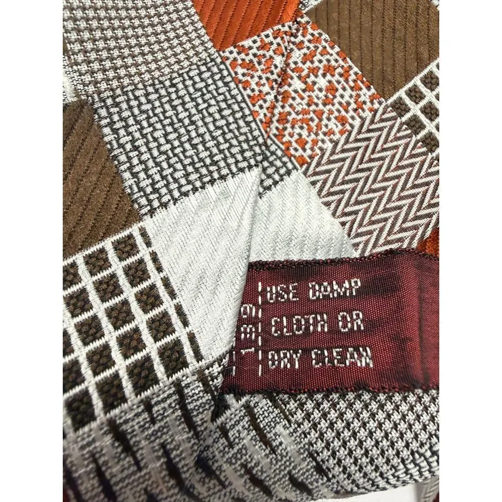 Geometric Patchwork Brown Rust Gray Wide Necktie Retro Mod Designer Collection
